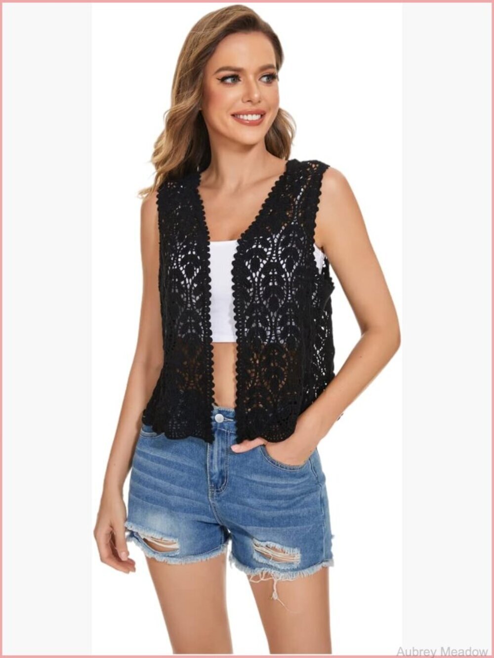 Womens Floral Crochet Lace Trim Sleeveless Open Front Vest Cardigan